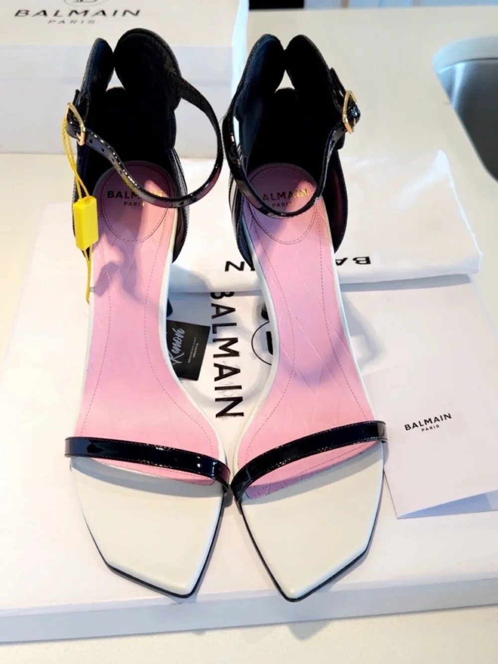 Black & White Sculpted Heel Sandals with Pink Insole - Picture 4 of 7